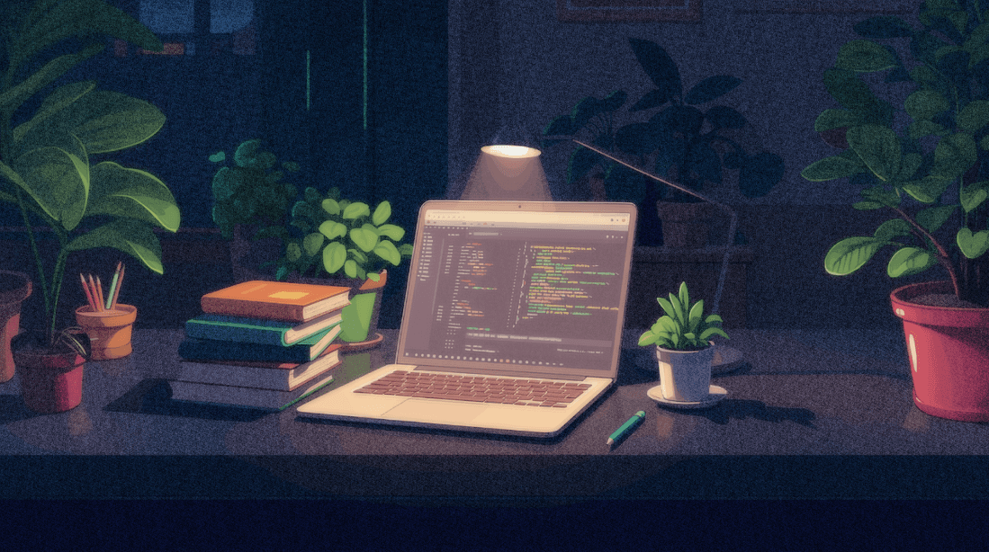 Computer and books surrounded by plants