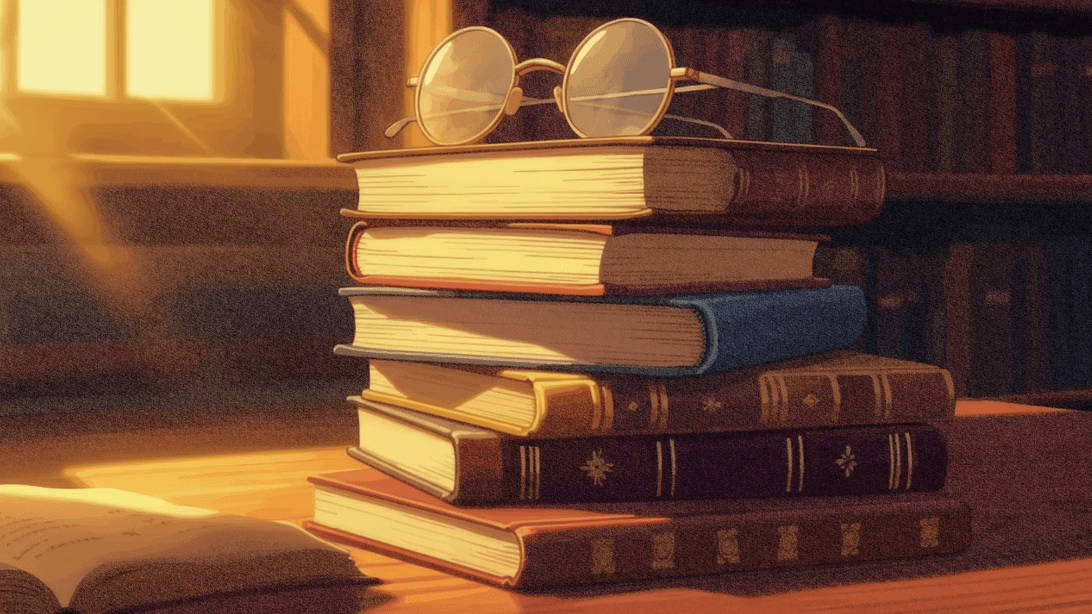 Glasses on top of a pile of books