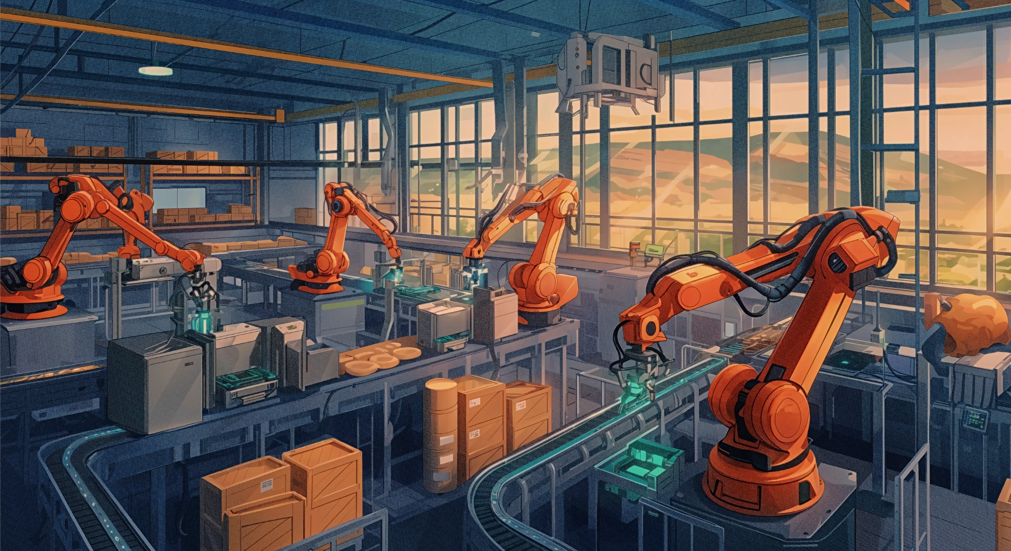 Automated factory with robotic arms