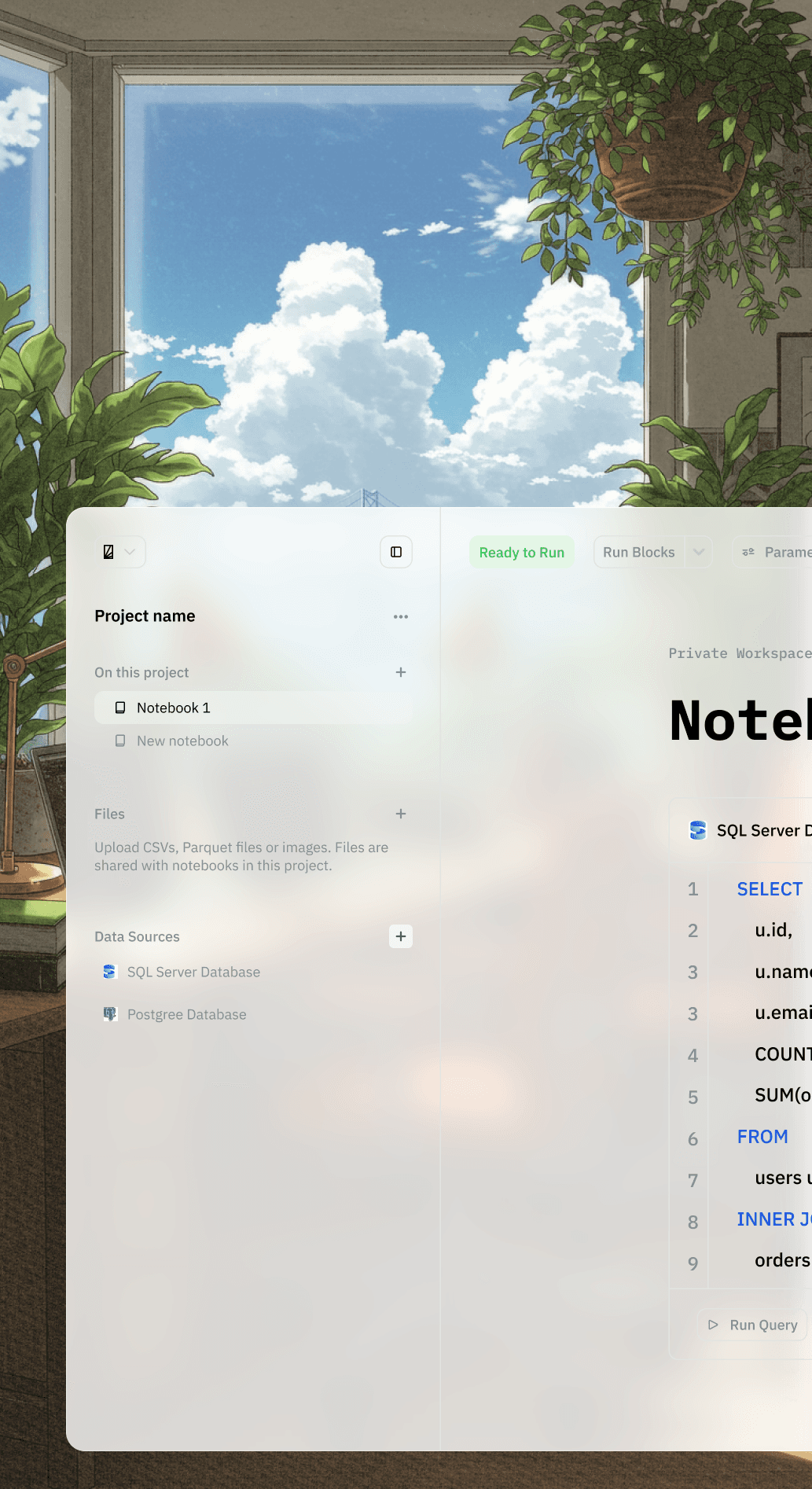 Harumi's home page plataform with scenic background 